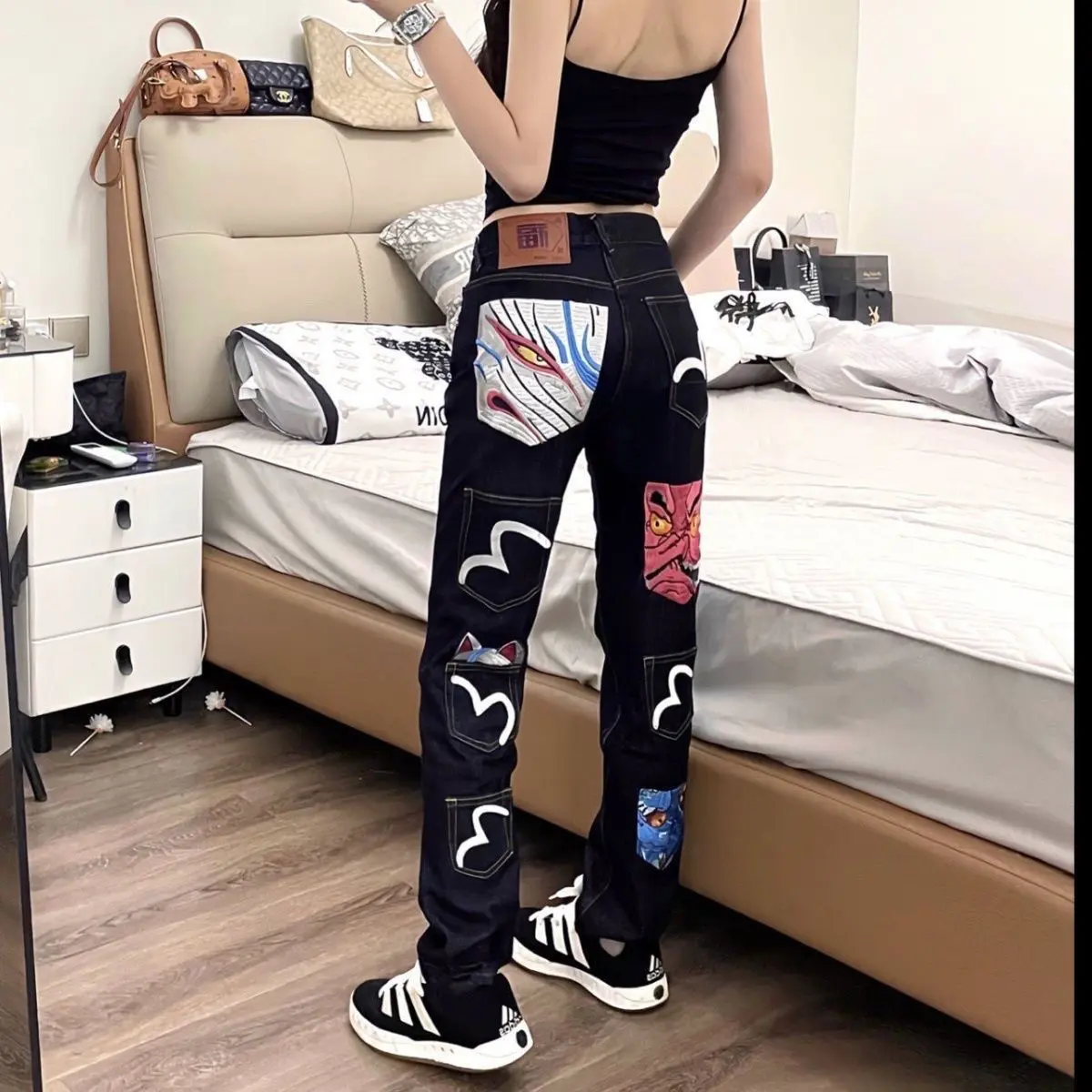 Quần Dài Bò Jacquard Thêu, Damo, Dành Cho Nam Giới, Hàng Mới Về, Quần Thường Ngày Ống Đứng Dáng Rộng Rãi, Quần Thương Hiệu Thời Trang In Hình, Quần Dài Ong Menswear Jeans Pants