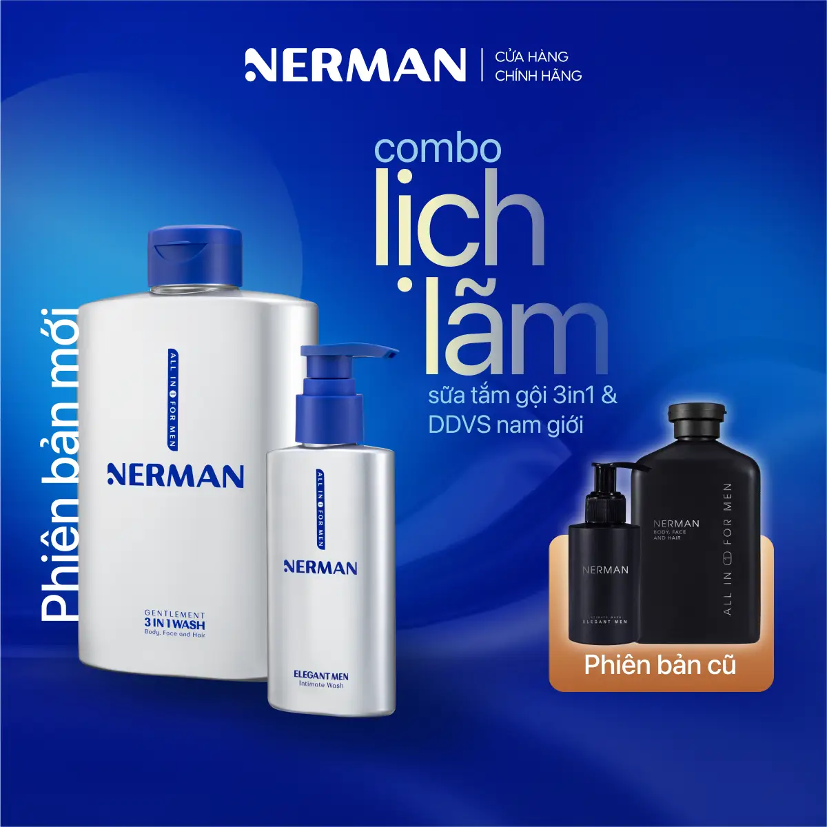 Combo Lịch Lãm Nerman - Sữa Tắm Gội Rửa Mặt Cho Nam 350Ml & Dung Dịch Vệ Sinh Nam Giới 100Ml