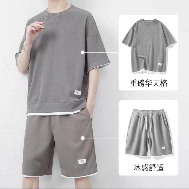Bộ Đồ Thường Ngày Phong Cách Bánh Quế, Dành Cho Nam Giới, Áo Phông ngắn Tay Áo Lụa Lạnh Mùa Hè, Quần Đùi Ngắn Tay Dáng Rộng Vừa Vặn, Bộ Đồ 1 / 2 Mảnh 0