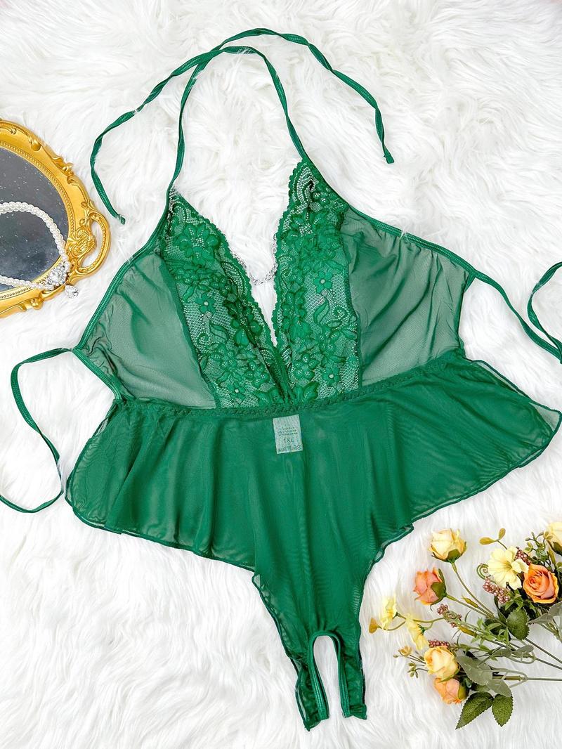 Product Introduction of Plus Size Floral Lace Backless Halter Cami Sleep Bodysuit, Plus Elegant Comfy Chain Decor Cut Out Tie Back Deep V Neck  Sleep Bodysuit for Women, Women's Plus Sleepwear for All Seasons 1