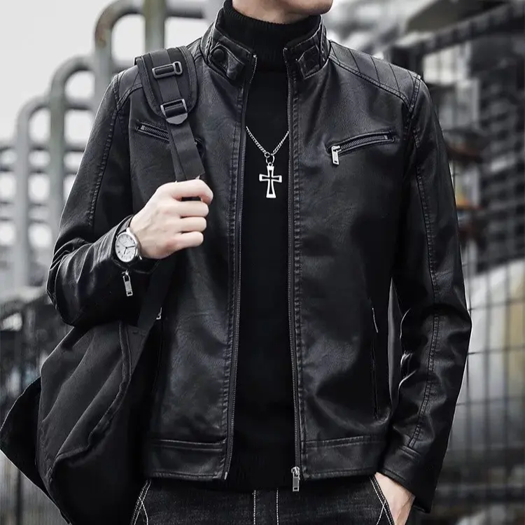 Áo khoác da nam trơn, cổ trụ, có 2 màu (Đen/Nâu)-A02 Menswear Tay Dài