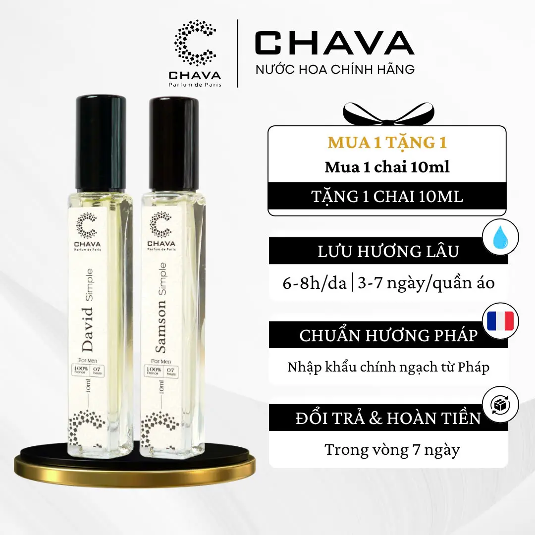 [MUA 1 TẶNG 1] Combo Nước Hoa Nam CHAVA - David & Levi, Samson 10ml: Hương Thơm Chuẩn Pháp, Lưu Hương 6-8H Trên Da và 3-7 Ngày Trên Quần Áo