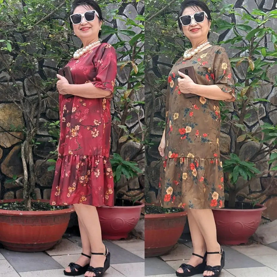 Váy Đầm Trung Niên Nhún Bèo Babydoll, Chất Vải Lụa 2 Da Cao Cấp. Đủ Size Từ 48kg Đến 90kg