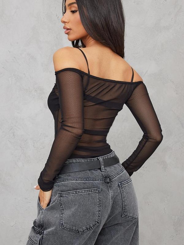Women's Off Shoulder Mesh Sheer Tee, Solid Color Long Sleeve Top for Spring & Fall, Women's Clothing for Daily Wear 1