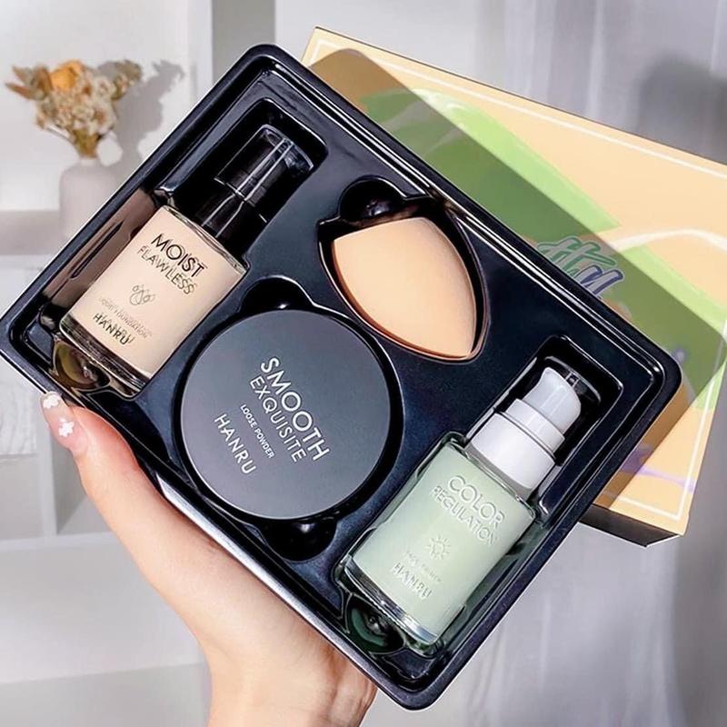 Fullbox Bộ Trang Điểm Hanru 4 Món Giúp Lớp Trang Điểm Đẹp Tự Nhiên, Gồm Kem Lót, Kem Nền, Phấn Phủ, Mút Tán