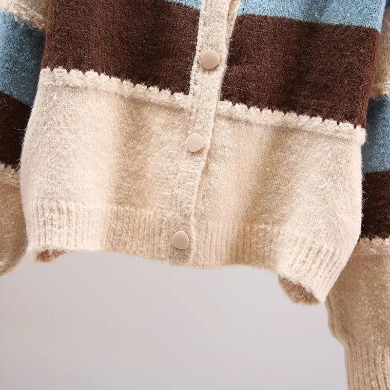 Product Introduction of Multicolor striped lantern sleeve knit loose single breasted women's cardigan sweater coat for women clothing Autumn Winter Knitwear Womenswear 9