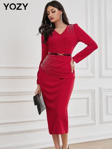 YOZY Women's Red Rhinestone Decor Split V Neck Bodycon Dress Without Belt, Elegant Long Sleeve Midi Dress for Homecoming Birthday Party Prom Wedding Guest, Ladies Spring & Fall Clothes