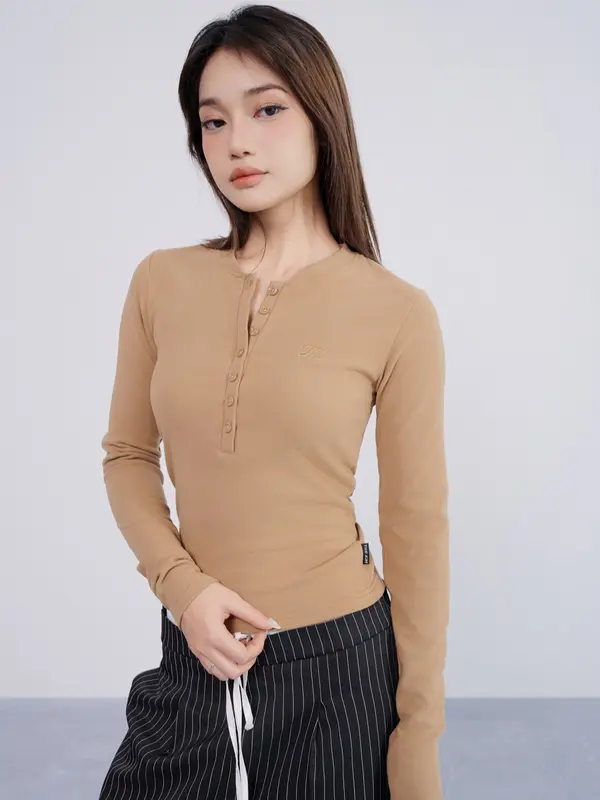 THEKIM Áo thun dài tay cổ tròn cúc ngực , chất liệu Rib cloud 100% cotton vải dày mềm mịn T259 7