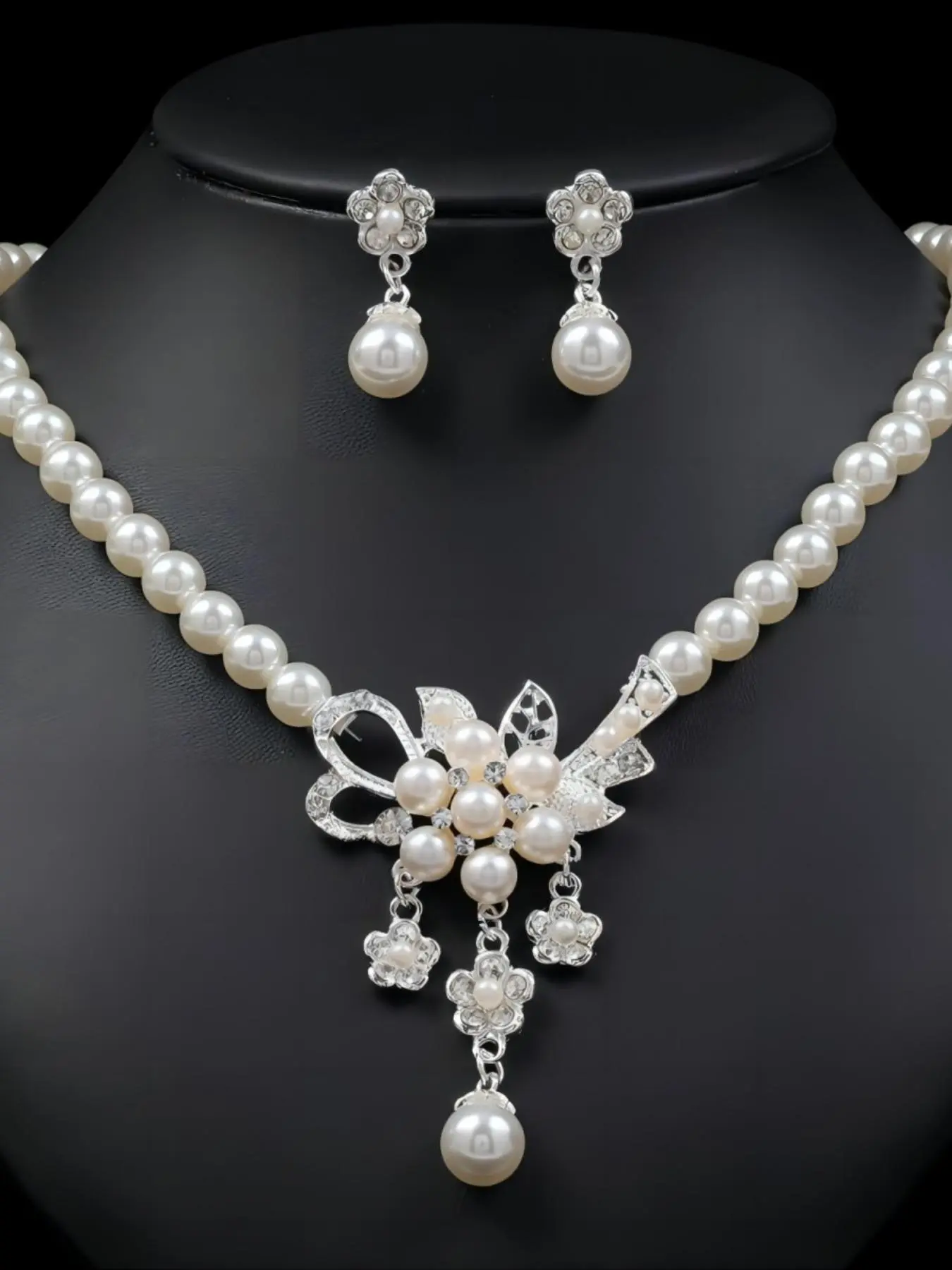 3pcs Faux Pearl & Flower Decorated Jewelry Set, Rhinestone Inlaid Pendant Necklace & Dangle Earrings, Wedding Engagement Bridesmaid Costume Dress Prom Jewelry Set