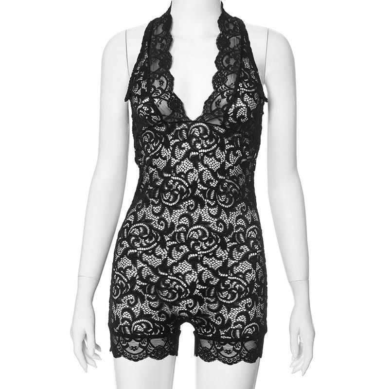Women's Summer Solid Color Sleeveless V-Neck Lace Jumpsuit Shorts Casual Pants 5
