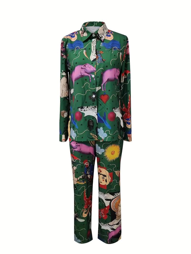 Product Introduction of Women's Cartoon Print Button Front Shirt & Elastic Waist Pants Two-Piece Set, Casual Long Sleeve Top & High Waist Trousers for Daily Wear, Ladies Summer Clothes 3