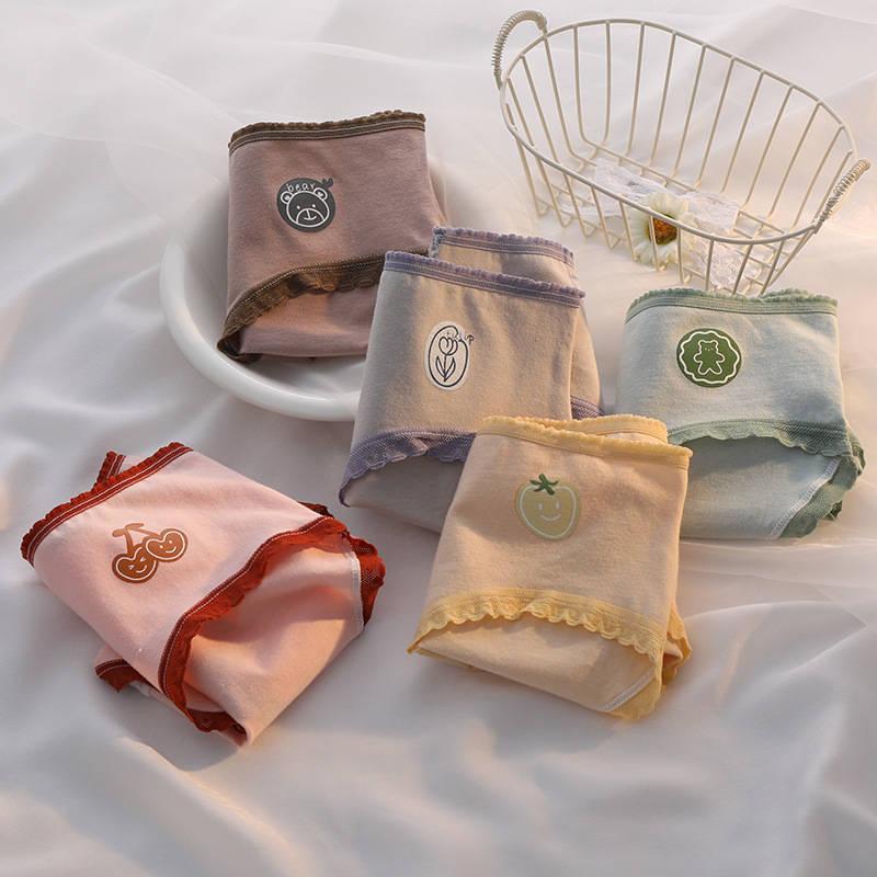 5-Pack 100% Cotton Mid-Waist Underwear for Women, Pure Cotton Antibacterial Student Japanese Style Cute Girls' Crotch Triangle Briefs 7