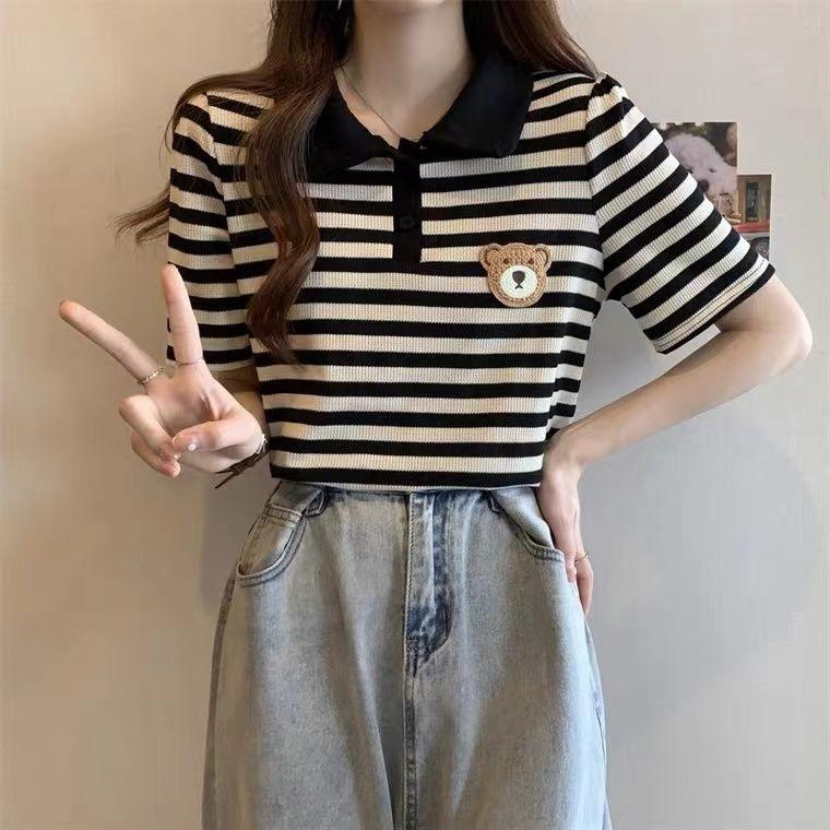 Áo Thun Ngắn Tay Sọc, Dành Cho Nữ, Dáng Rộng Rãi Và Bó Sát, Thích Hợp Cho Bé Gái Đầy Đặn, 150,00kg, Cỡ Lớn Mùa Hè, Thời Trang, Cổ Polo Vai, Áo Trên áo  ngôi  sao  captain áo  thun  kẻ  sọc  ngang  nữ 1