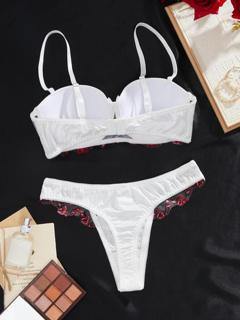 Product Introduction of Two-Piece Set Women's Ditsy Floral Embroidery Contrast Lace Bra & Scallop Trim Thong Underwear Set, Adjustable Strap Push Up Bralette & Panty, Lingerie Set for Women 2