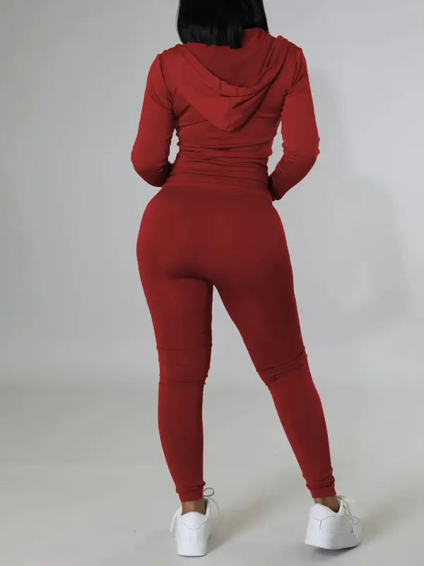 【Plus Size】 Two-Piece Set Solid Zip Up Pocket Hooded Jacket & Pants, Casual Long Sleeve Hooded Top & Trousers for Spring & Fall, Women's Clothes for Daily Wear 6