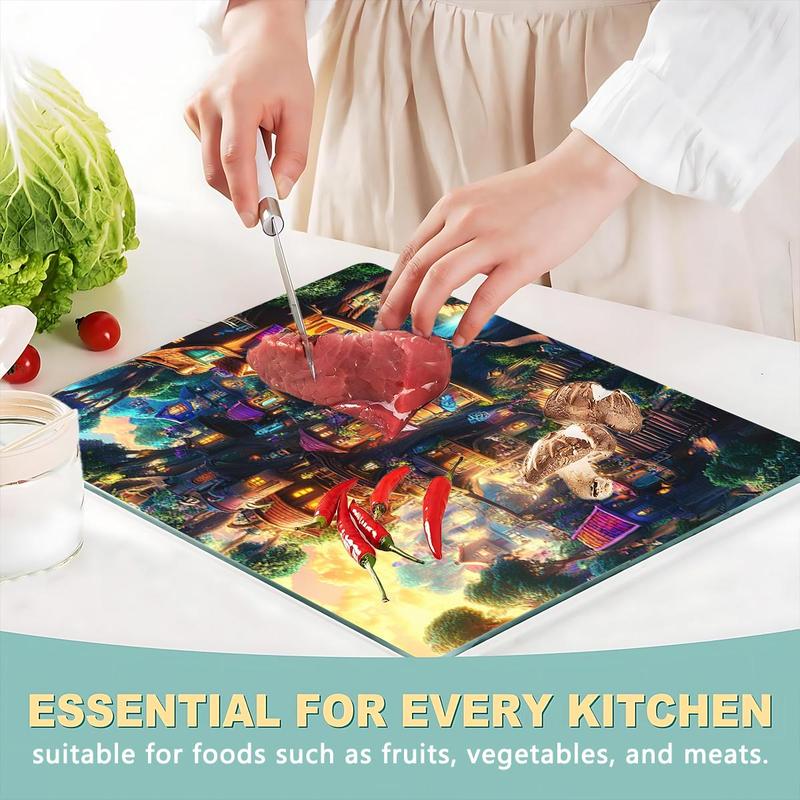 Product Introduction of Cartoon House Pattern Chopping Board, 1 Count Tempered Glass Kitchen Cutting Board with Non-slip Base, Durable Kitchen Decorative Cutting Board 8