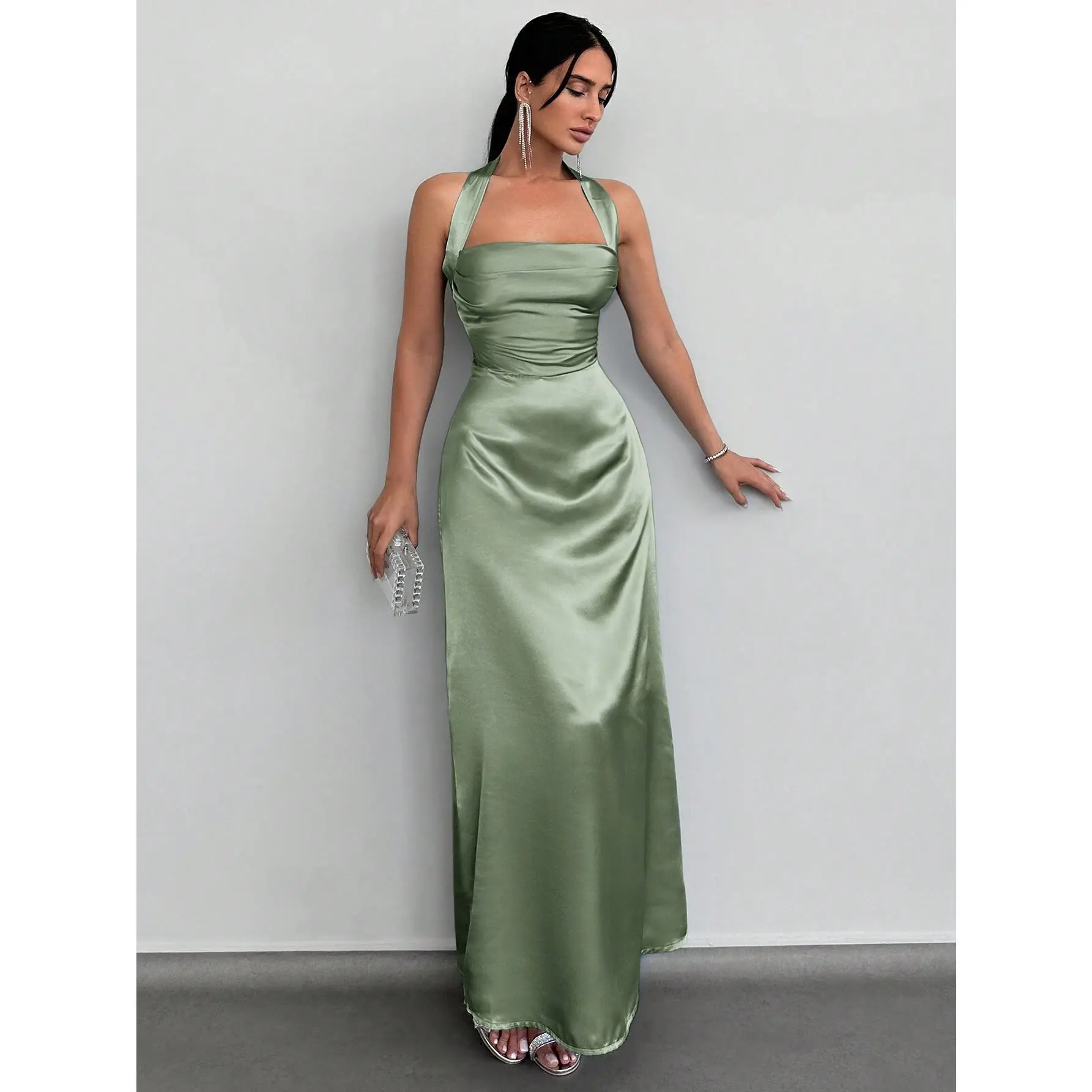 Solid Halter Neck Backless Satin Maxi Dress