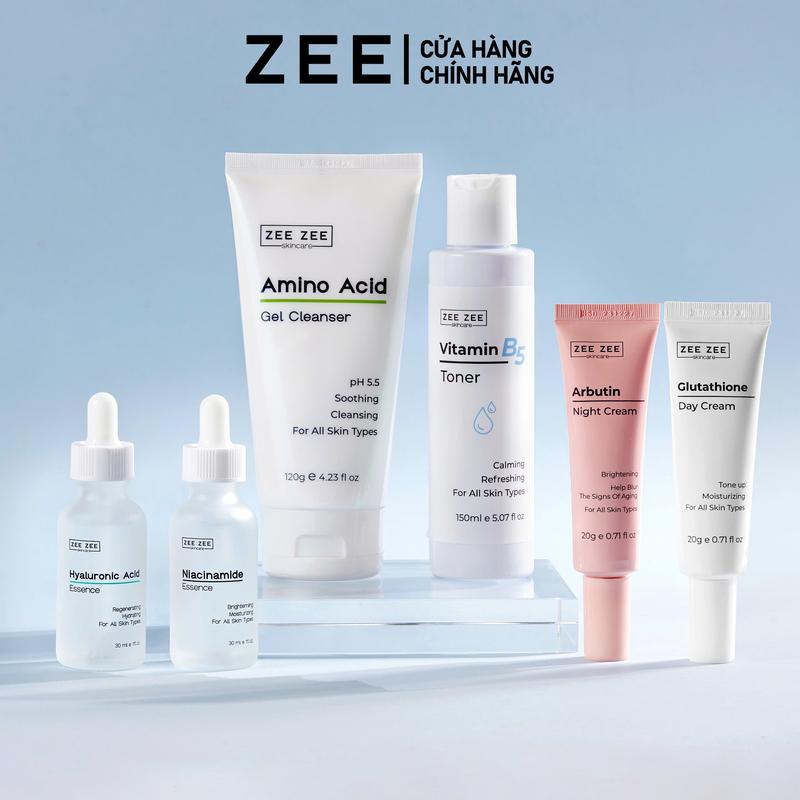 Combo 6 gồm Kem dưỡng sáng da ban ngày Glutathione và ban đêm Arbutin Gel rửa mặt Amino Acid Nước cân bằng Toner B5 Tinh chất Niacinamide và Tinh chất Hyaluronic Acid hỗ trợ căng bóng tái tạo trẻ hóa làn da
