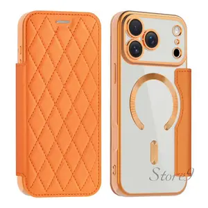 New Orange Ponsel Casing!! for Iphone 17 16 15 14 13 12 11 Pro Max 14 15 16 Plus 17Air Penutup Electroplated Magnetic Flip Cover Casing Kulit Dengan Anti Jatuh Case Kartu Transparan Silikon