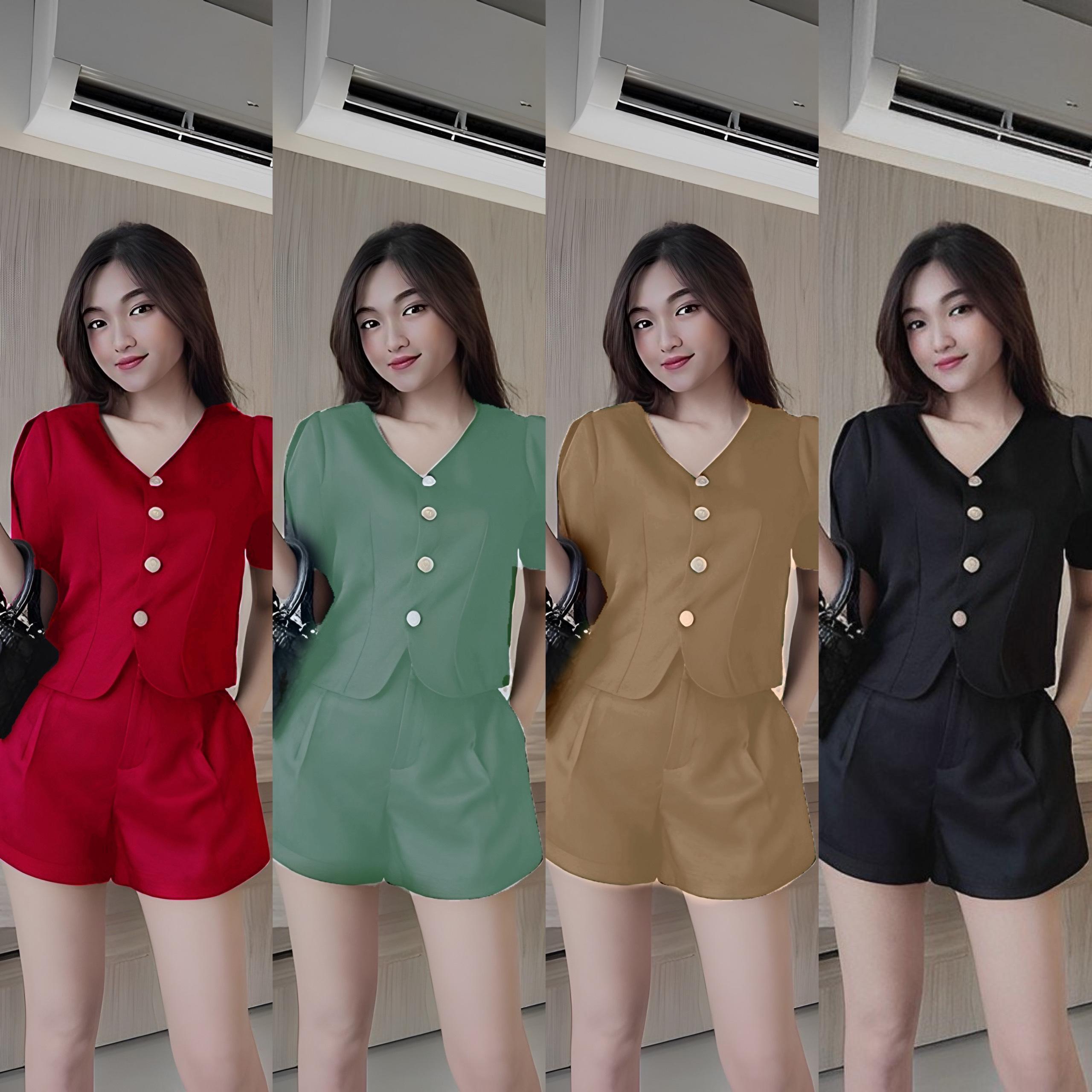 Thời Trang Bigsize Set Quần Đùi Áo Cổ Tim Vải Cotton Lạnh 50 - 100Kg Dễ Thương Top Nữ Đen Women - A.1273