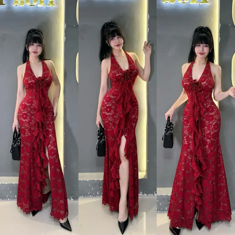 Đầm yếm đuôi cá ren đính hoa tua rua xẻ tà sang chảnh, chất ren hoa cao cấp dày dặn co dãn may 2 lớp xịn đẹpp và sang lắm ạ. Fom đầm dài siêu tôn dáng có xả tà sexy , sẵn mút ngực nha ce, tôn dáng , quyến rũ nhưng không kém phần sang trọng . Women Nữ 0