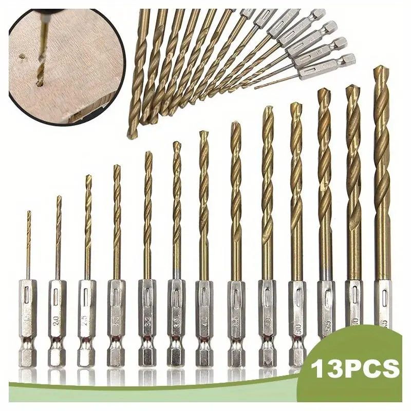 Titanium Coated Drill Bit Set, 13pcs 135-Degree Tip High Speed Steel Drill Bits Kit for Steel, Aluminum, Copper, Soft Alloy, Tool Accessories, Cutting