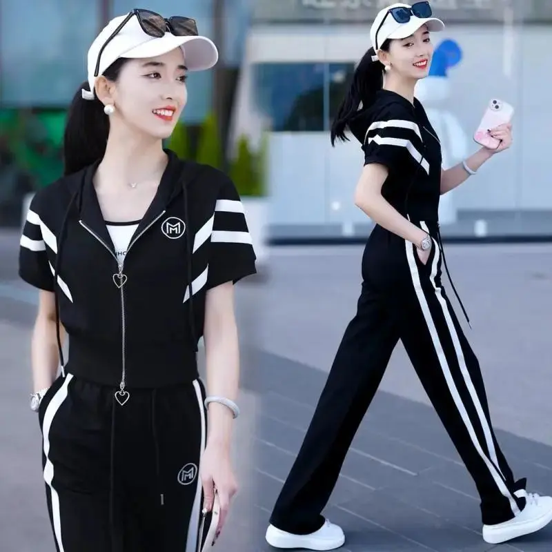 Bộ Đồ Thường Ngày Thời Trang, Bộ Hai Mảnh, Dành Cho Nữ, Bộ Sưu Tập Mùa Hè 2024 Mới, Dáng Rộng Vừa Vặn, Trông Trẻ Trung, Phong Cách Phương Tây, Quần Áo Thể Thao, Quần Ống Rộng
