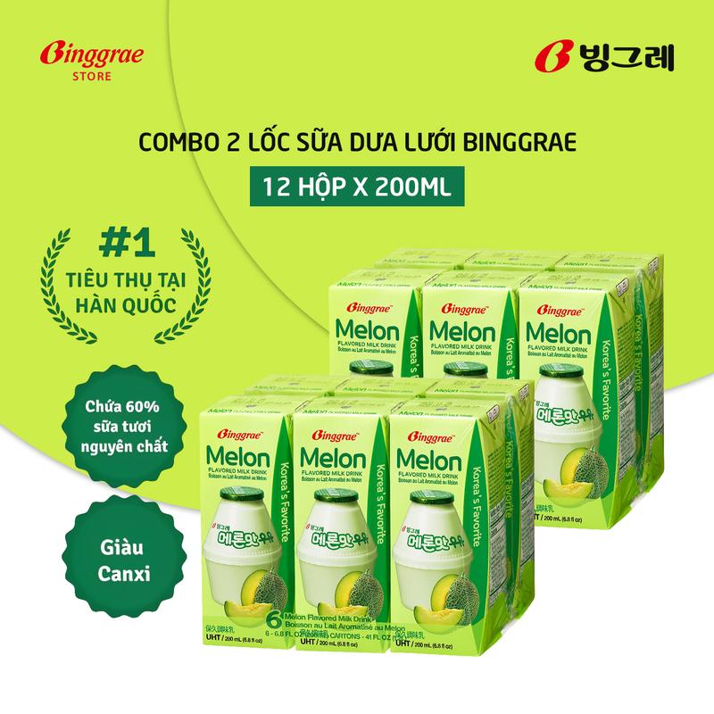 Combo 2 Lốc Sữa Dưa Lưới Hàn Quốc Binggrae 12 Hộp x 200ml