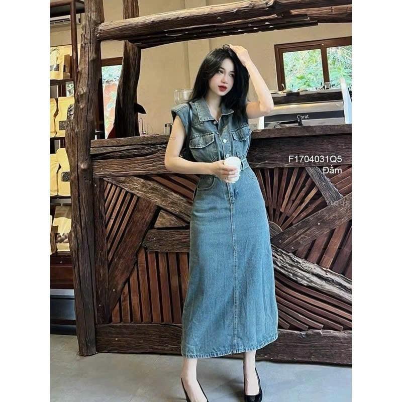Đầm J.ean Dáng Dài Đính Khuy Tôn Dáng Cho Nữ Women Dress 7