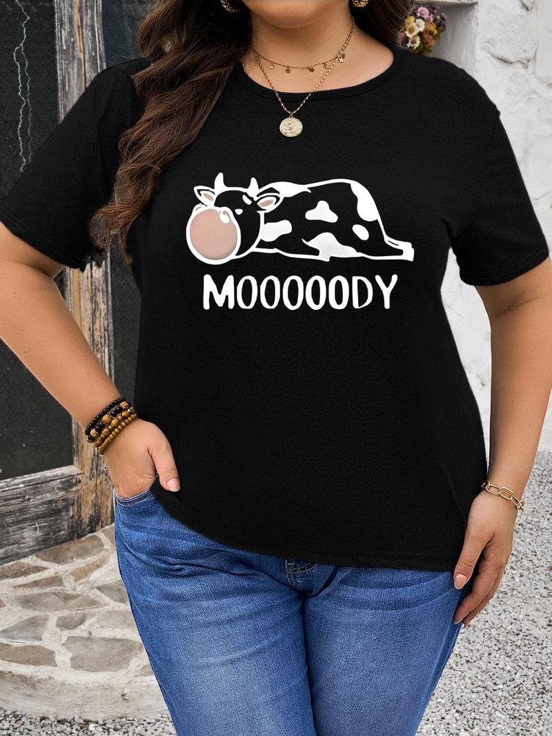 Product Introduction of 【Plus Size】 Milk Cow Print Round Neck Tee, Fashion Casual Crew Neck Short Sleeve T-Shirt for Daily Outdoor Wear, Women Plus Clothing for Summer 7