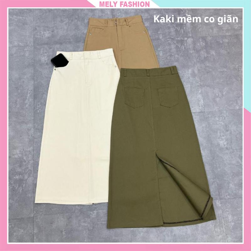 [Giá mở bán] Chân váy kaki chữ A dáng dài midi xẻ sau có túi phong cách trẻ trung có bigsize màu đen be nâu rêu CV104