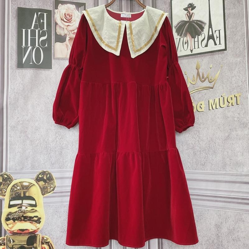 Váy Nhung Cổ Nhọn Đỏ Mặc Bầu & Sau Sinh Đầm Bầu Váy Bầu