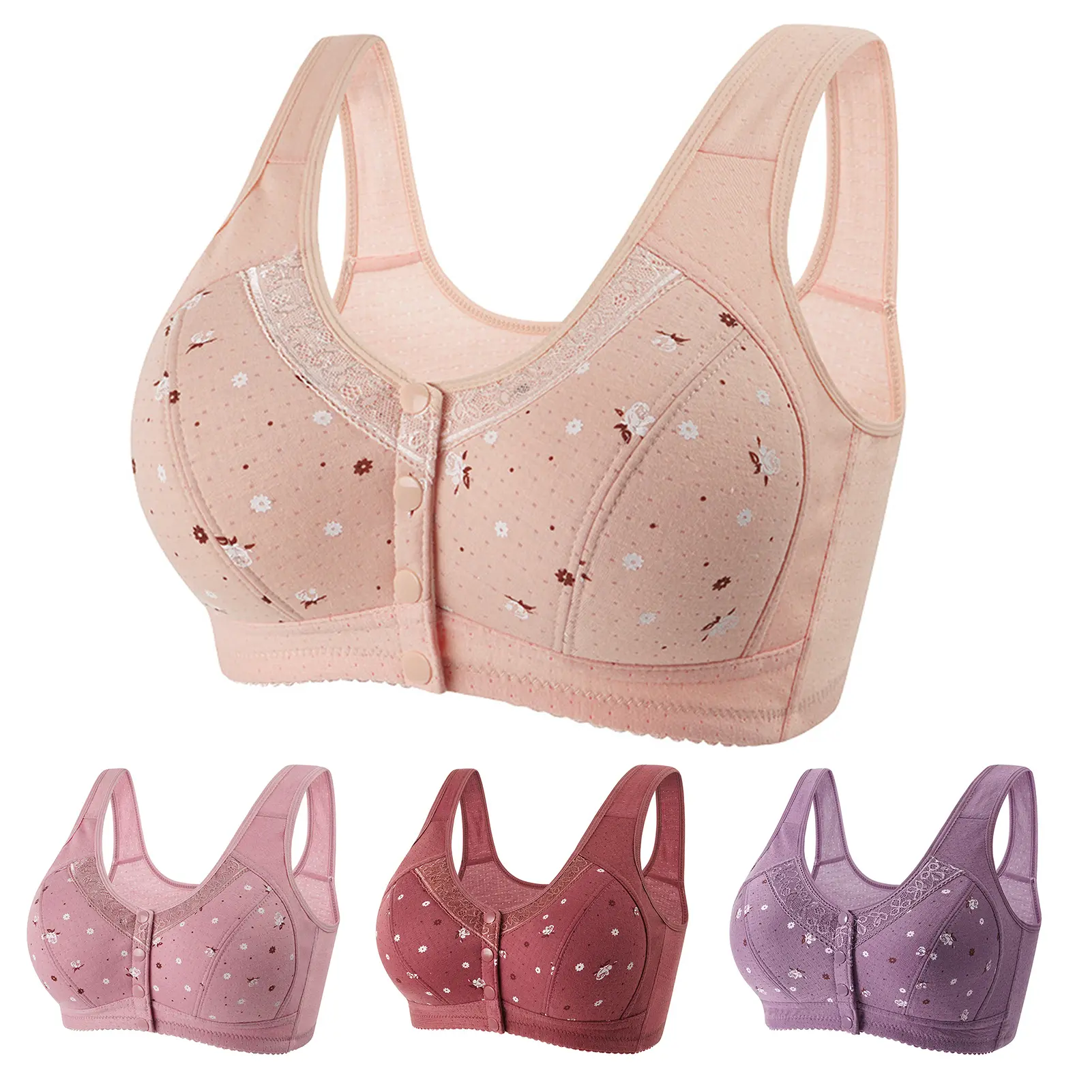 Áo Ngực Cho Con Bú, Ngoại Cỡ, In Hoa, Không Dây, Không Có Đệm, Dành Cho Mẹ Trung Niên, Áo Vest Hở Trước, Áo Ngực