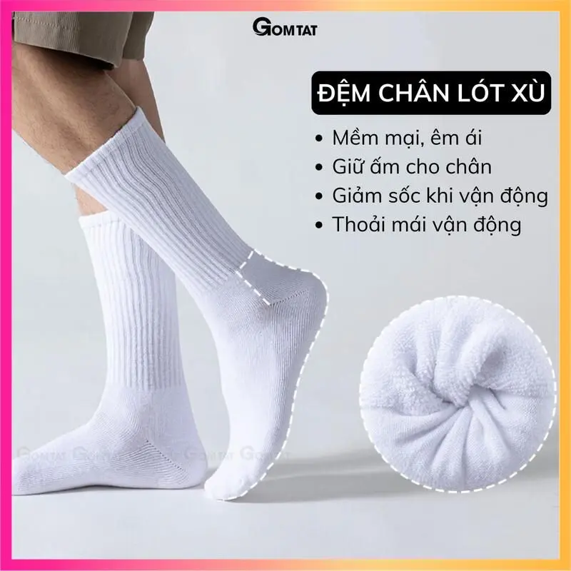 Hộp 5 đôi tất xù GOMTAT cổ cao trơn nam nữ, vớ cao cổ có đệm xù cotton mềm mại êm chân, hút ẩm, thoáng khí, khử mùi, Menswear - TATXU-TRON-CB5 6