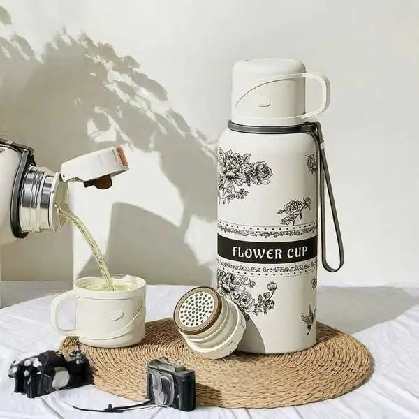 Bình Giữ Nhiệt Hoa Flower CUP, Bình Nước Giữ Nhiệt Đa Năng Có Khay Lưới Lọc Inox 305  Dung Tích 800ml Không Gỉ Siêu Bền