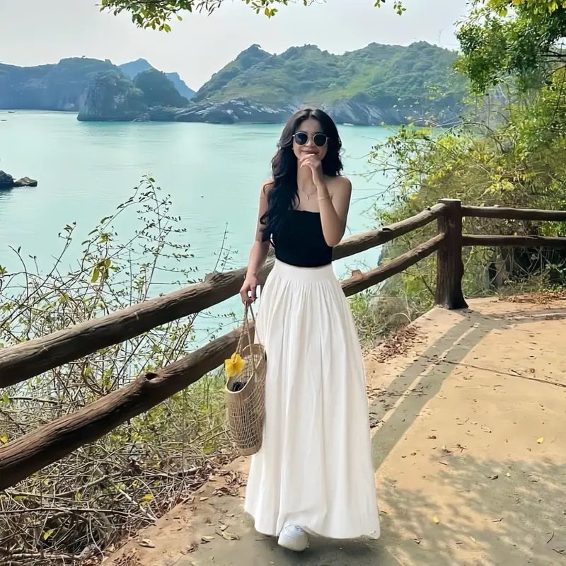 Sét Váy Đi Chơi Gồm Áo Cúp Nguc + Chân Váy Đũi Dáng Dài Màu Trắng 5