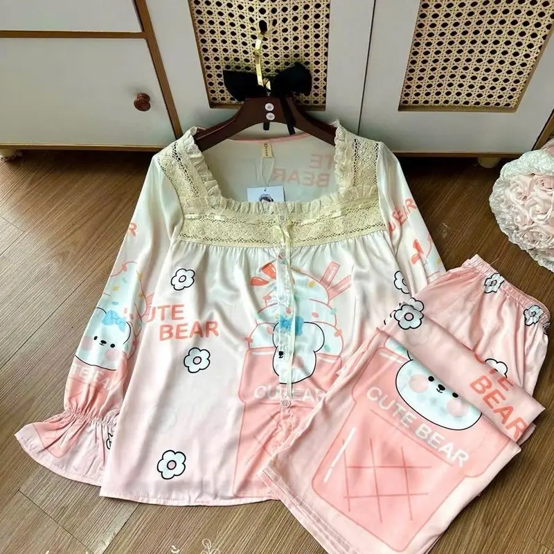 [40-60KG]Bộ Lụa Latin Tơ Tằm Cao Cấp TDQD Cổ Vuông Tiểu Thư Mix Ren In Full Họa Tiết 5D Queen Mềm Mát Mặc Nhà Cao Cấp VIP36 Women Nữ Áo Quần Ngủ  Top Cạp Cao Kem 6
