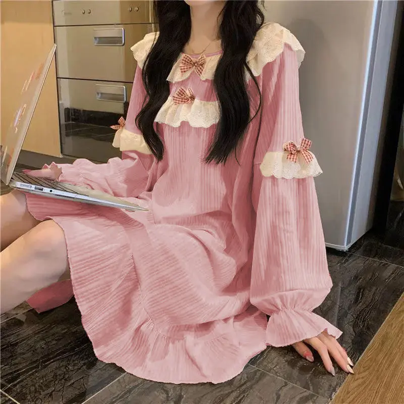OOTD-Váy Ngủ Nữ Có Thể Mặc Bên Ngoài, Có Nơ Ảnh Hưởng Trực Tuyến, Phong Cách Hàn Quốc, Dáng Rộng, Học Sinh, Dễ Thương, Ngọt Ngào, Dài Tay, Mặc Nhà