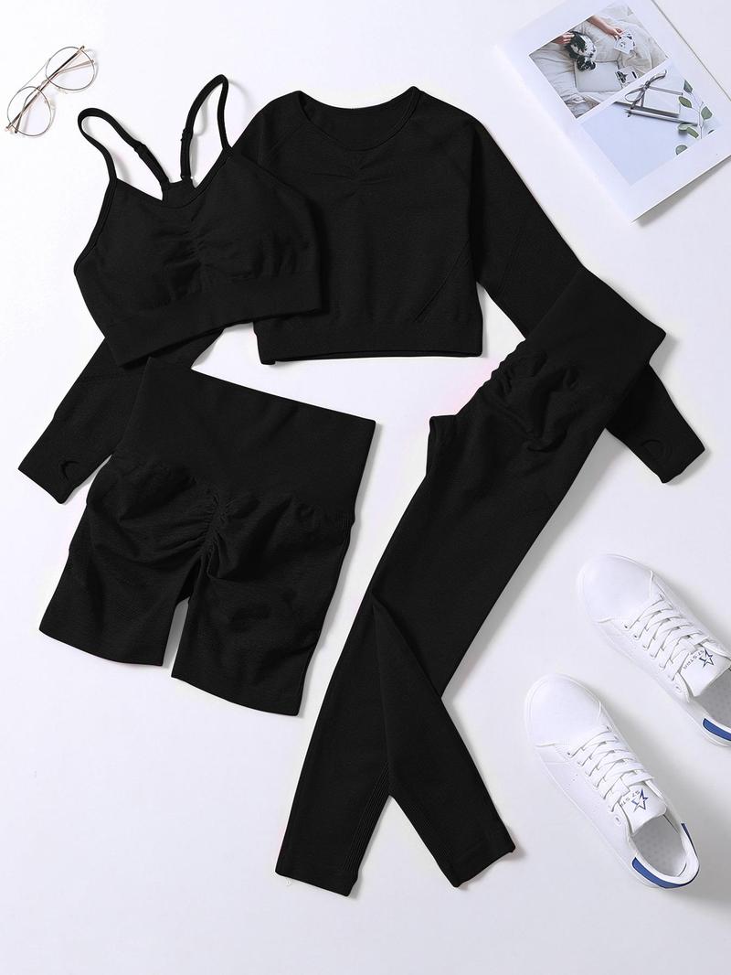Product Introduction of Women's Solid Sports Bra & High Waist Leggings & Raglan Sleeve Crop Tee & Shorts Tracksuit Set, Sporty Breathable Adjustable Strap Sports Bra & High Stretch Yoga Leggings & Top & Shorts, Ladies Sportswear for Indoor Outdoor Wear, Gym Sets for Women 6