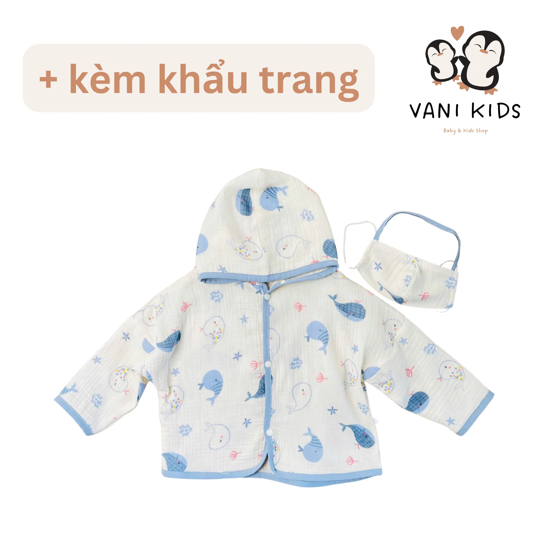 Áo khoác chống nắng xô muslin có mũ kèm khẩu trang chống bụi cao cấp VANI KIDS Cho Bé Kem