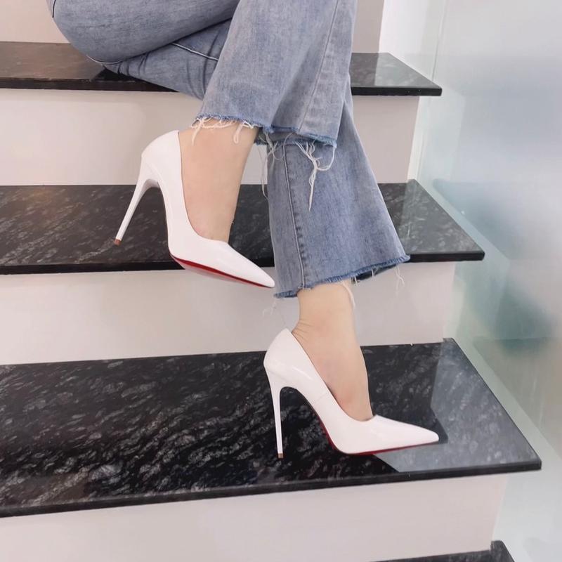 Màu Trắng, Chiều Cao 11cm 12cm - Giày Cao Gót Da Bóng Đế Đỏ