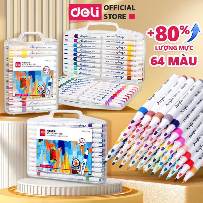 DEAL HOT Bút màu Acrylic Marker dòng sơn cao cấp Deli nhiều hơn 80% mực 64 Màu - Hộp nhựa có quai xách tiện lợi chống thấm nước tô màu đậm thích hợp đi nét DIY vẽ quần áo giày HM912