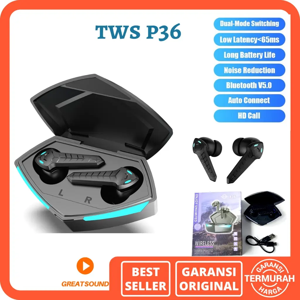 Headset Bluetooth P36 TWS Wireless Bluetooth 5.0 Gaming Mode Headphone Earphones Microphone Bass