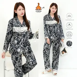 FCOCO - Piyama Wanita A44A Model Cania Lengan Panjang Lucu Setelan Baju & Celana Kancing Katun Dewasa Hitam Nyaman Anggun Mewah