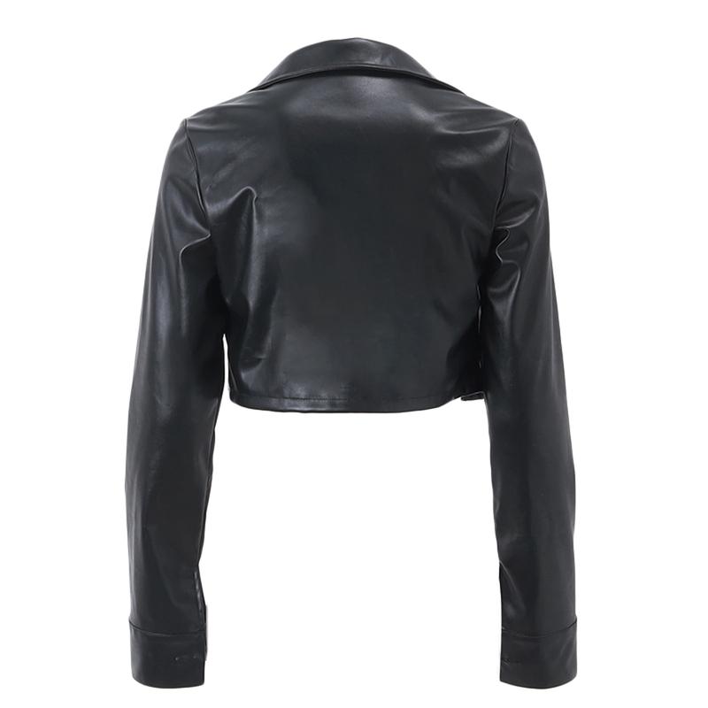Women Crop Leather Jacket Solid Color Casual Long Sleeve Button Down Jacket Fall Outwear 7