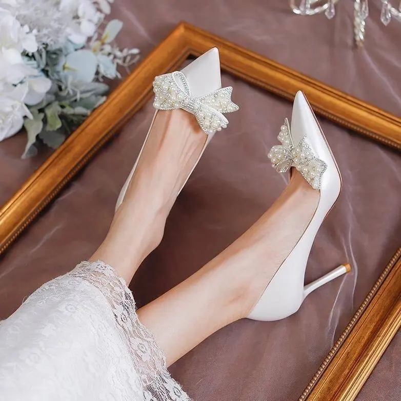 Giày cao gót nữ giày nơ đính ngọc gót nhọn 9cm và 7cm Shoes giày cưới giày  caogót 2