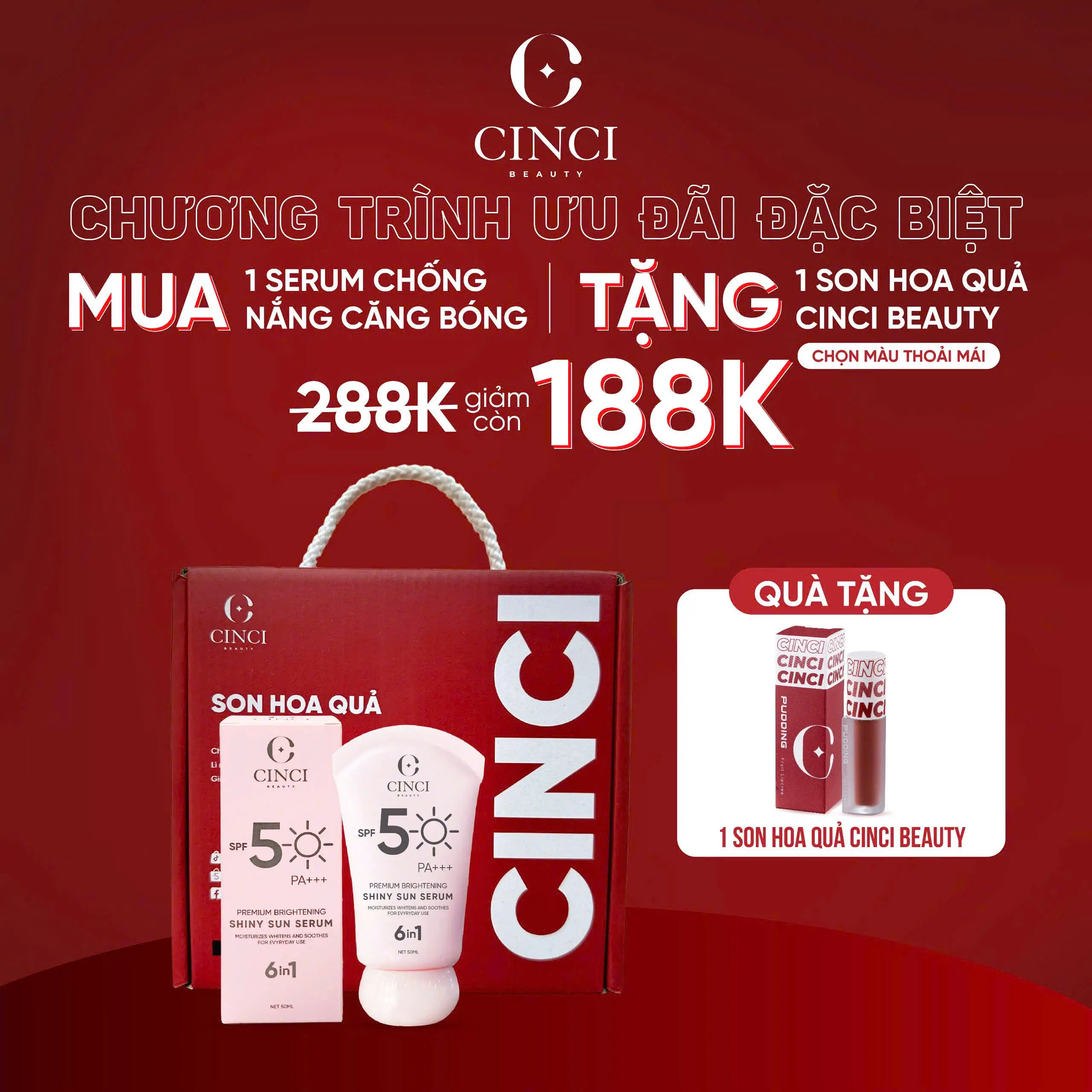 [MUA KCN TẶNG SON] KEM CHỐNG NẮNG DẠNG SERUM CĂNG BÓNG CINCIBEAUTY - LÊN TÔNG NHẸ - KHÔNG BẾT RÍT - MƯỚT MỊN TRÊN DA