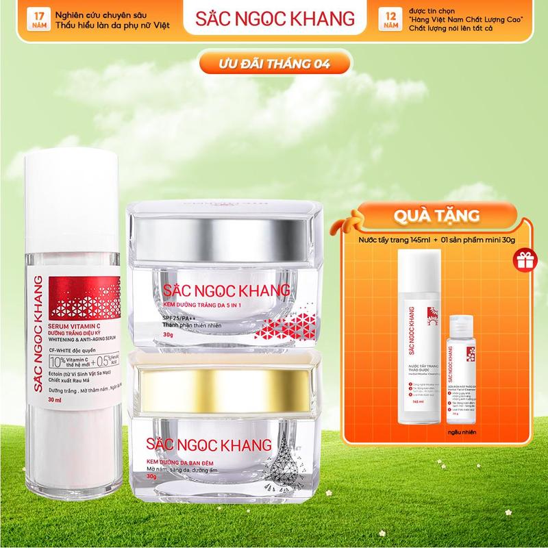 Combo Hỗ Trợ Dưỡng Sáng Vượt Trội: Serum Vitamin C [30ML] + Kem Đêm [30G] + Kem Ngày [30G] Sắc Ngọc Khang - Hỗ Trợ Cải Thiện Nám, Sạm, Tàn Nhang Skincare Làm Đẹp Da