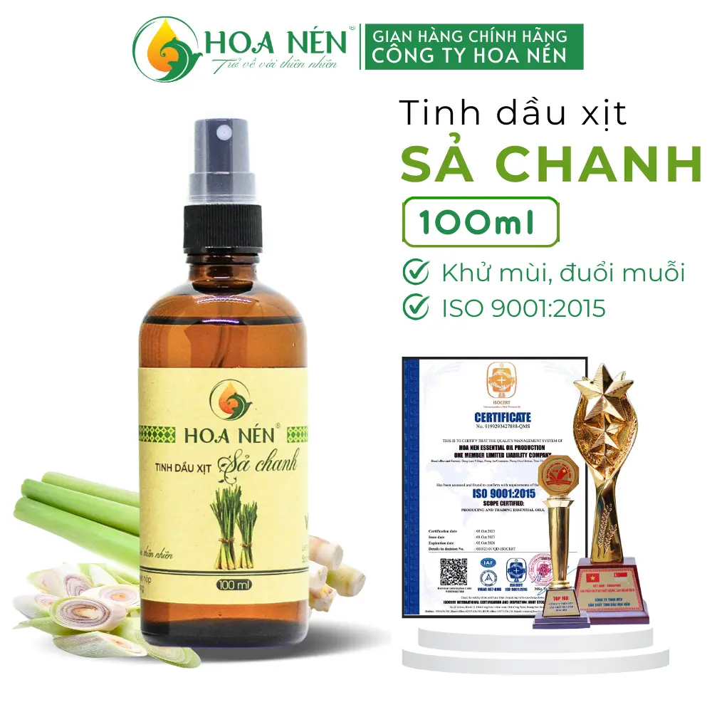 CHÍNH HÃNG - Tinh dầu Xịt Sả Chanh 100ml - Tinh Dầu Hoa Nén - Khử mùi, diệt khuẩn, đuổi muỗi an toàn Dầu Thơm Phòng Xịt Phòng