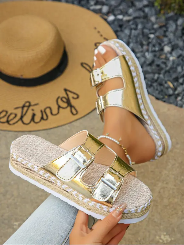 Women's Fashionable Metallic Buckle Design Platform Sandals, Casual Comfortable Breathable Sandals for Summer, Lightweight Breathable Comfortable Shoes for Daily Wear, Girl 0